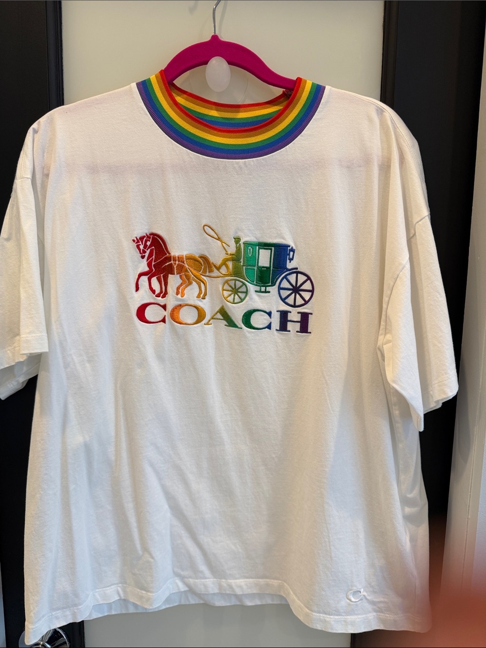 Coach White Short Sleeve Tee with Rainbow Coach Carriage Logo